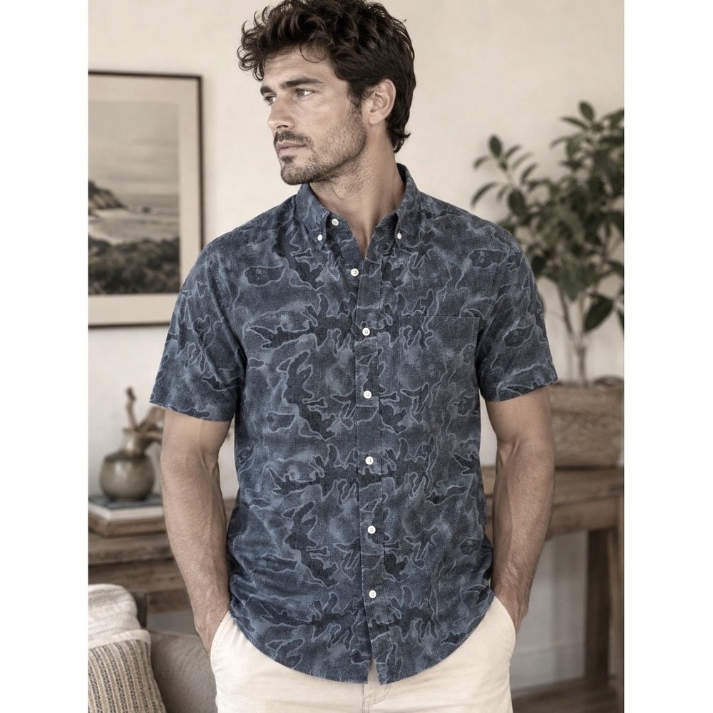 Reed Edward Mens Blue Abstract Camo Short Sleeve Button Down Cotton Shirt Large